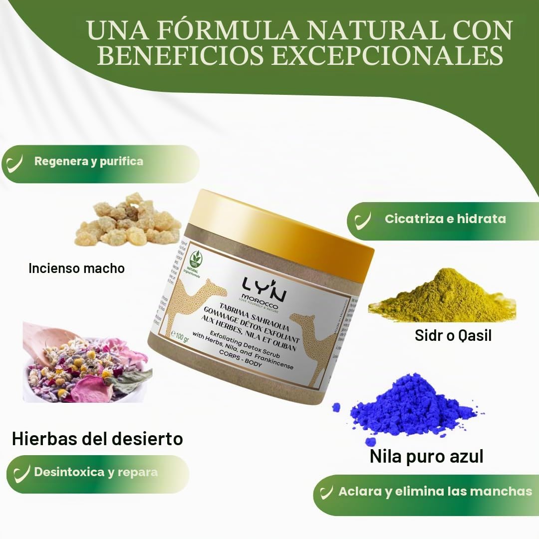 Exfoliante Corporal Brillo y Antirugosidades (Tabrima), 100%Natural y Orgánico con NILA, Oliban y Plantas-Para Queratosis, Celulitis, Desintoxicación Axilas, Antes del Bronceado y Depilación-Efectos