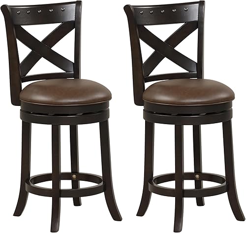COSTWAY Juego de 2 taburetes de bar, taburete giratorio de altura de mostrador con respaldo curvo, asiento de piel sintética y patas de madera de