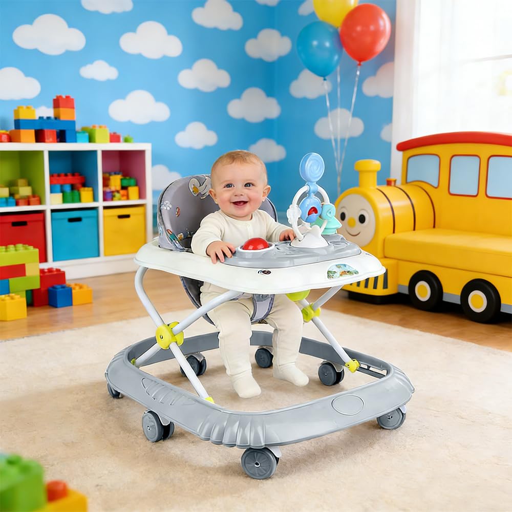 Girarrosto pieghevole per bambini, altezza regolabile, girello con musica, giocattolo per bambini (grigio, 67 x 72 x 92 cm)