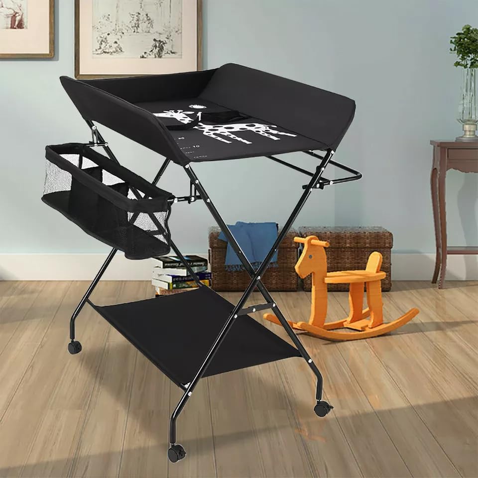 Cambiador de bebé plegable con ruedas, cinturón de seguridad y compartimentos de almacenamiento, cambiador plegable para recién nacidos, almacenamiento para niños pequeños, color negro