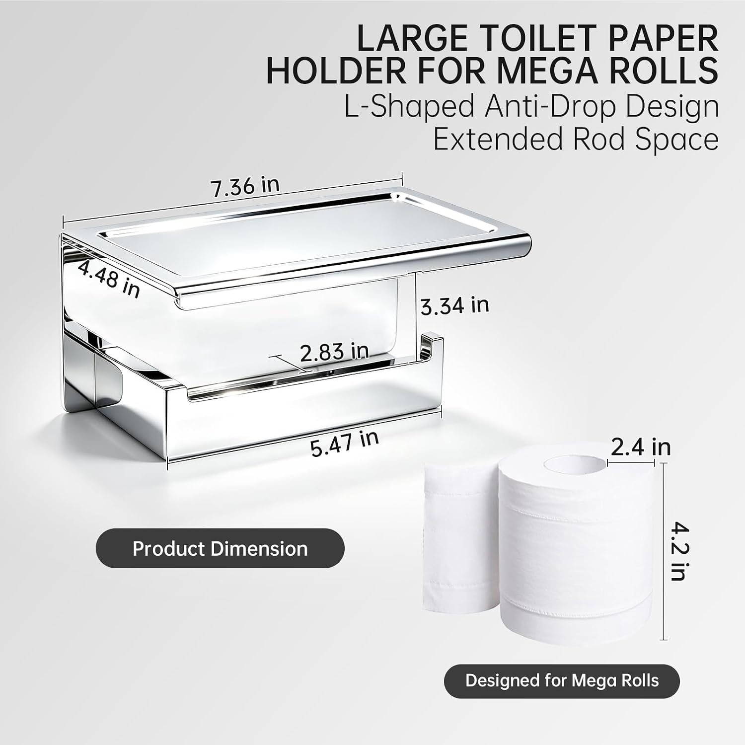 Toilet Paper Holder with Shelf, 2mm Thick SUS 304, Chrome | Extra-Large 7.36 x 4.48 in Storage Area, 22 lb Load-Tested Support, L-Shaped Anti-Drop Rod, Dual Installation