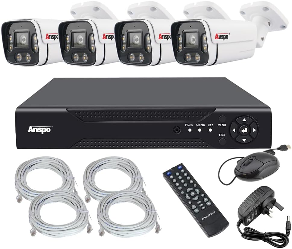 PoE CCTV Camera System, 4K 4Ch NVR with 4 x 5MP Full Colour Motion Detection Bullet IP Cameras, Colour Night Vision, Outdoor waterproof, Built-in MIC Audio Recording, 2TB Hard Drive