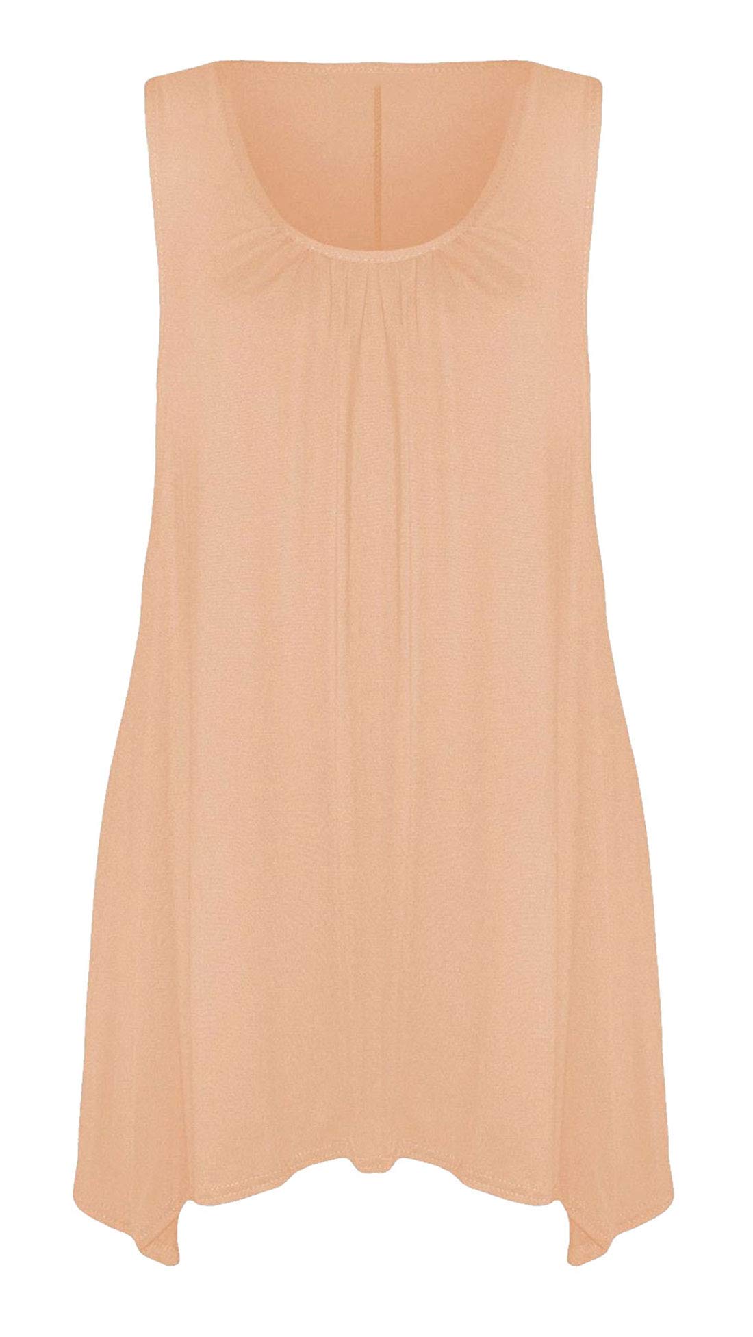 Real Life Fashion Ltd Women's Peach Sleeveless Hanky Hem Top Plain Gathered Top Scoop Neck Tunic Shirt Flared Vest Top