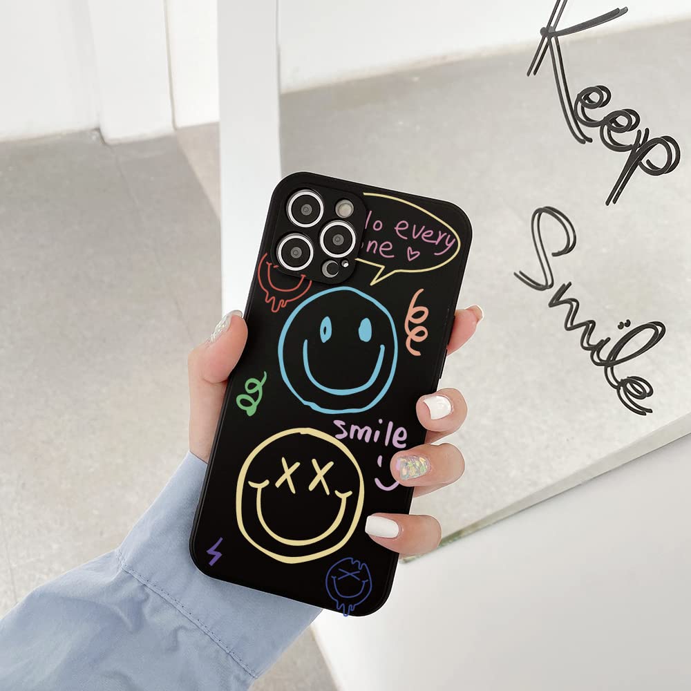Black Colorful Smile Graffiti Fashion Cute Case for Apple iPhone 12 Pro Max 6.7" Protective Anti-Scratch Slim TPU Phone Cover Stylish Skin Cases for iPhone 12ProMax