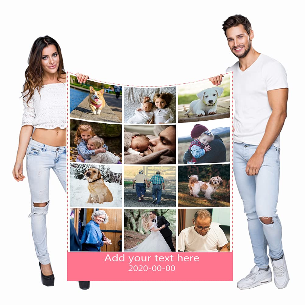 Haisimiery Personalised Photo Fleece Blanket Customised Throw with Picture Birthday Wedding Gift for Adult Baby Pet (12 photos, Throw 50”x60” (120x150cm))