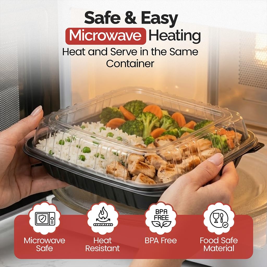 8” x 8” Hinged Takeout Containers – Microwave-Safe Black Plastic Containers with Clear Lids for Catering – Reusable & Disposable 1-Compartment Food Containers with Leak-Resistant Design –150 Pack