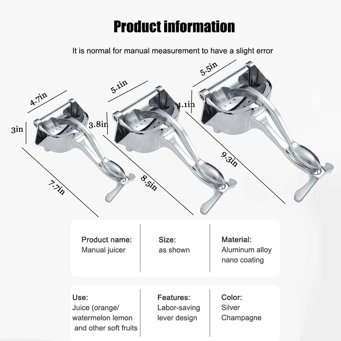 Hand Juicer Squeezer- Hydrogen Alloy Juicer, Aluminum Manual Press Juicer, Stainless Steel Lemon Squeezer Citrus Juicer, Heavy Duty Hand Manual Extractor for Lemon, Orange, Lime (8.5*5.1*3.8in, 2Pcs)