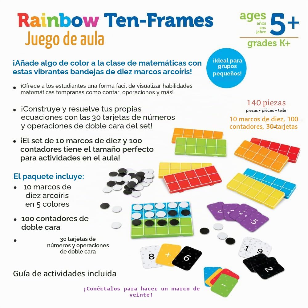 Learning Resources Set de Diez Marcos con el arcoíris para Clase, 5+, 10 Marcos y fichas conectables hasta el Diez, Material didáctico de matemáticas, Elementos Esenciales para Clase