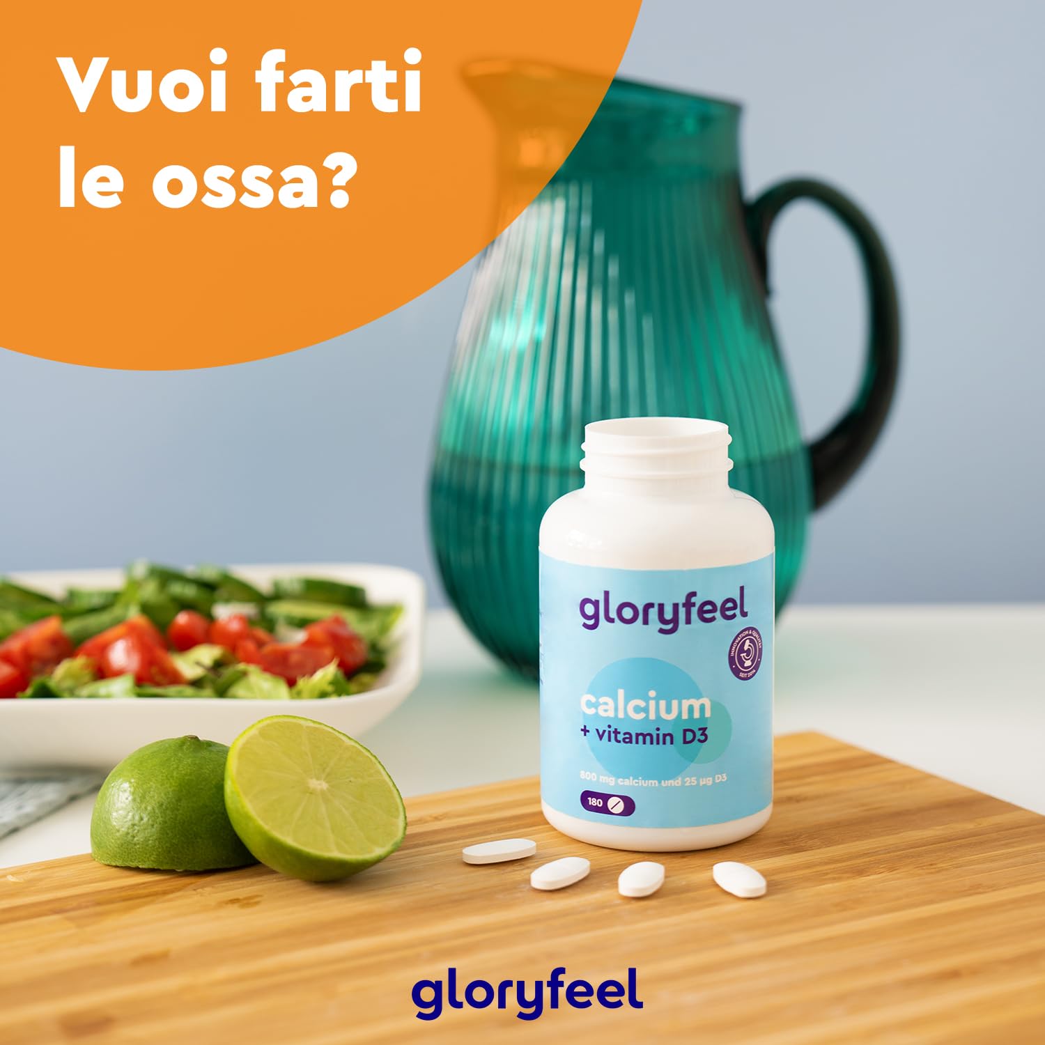Integratore Calcio e Vitamina D3, 180 Compresse, Eletto PRODOTTO DELL'ANNO 2025, (Scorta per 3 Mesi), Calcio 800 mg e Vitamina D3 25µg, Integratore per il Supporto delle Ossa*, Senza OGM