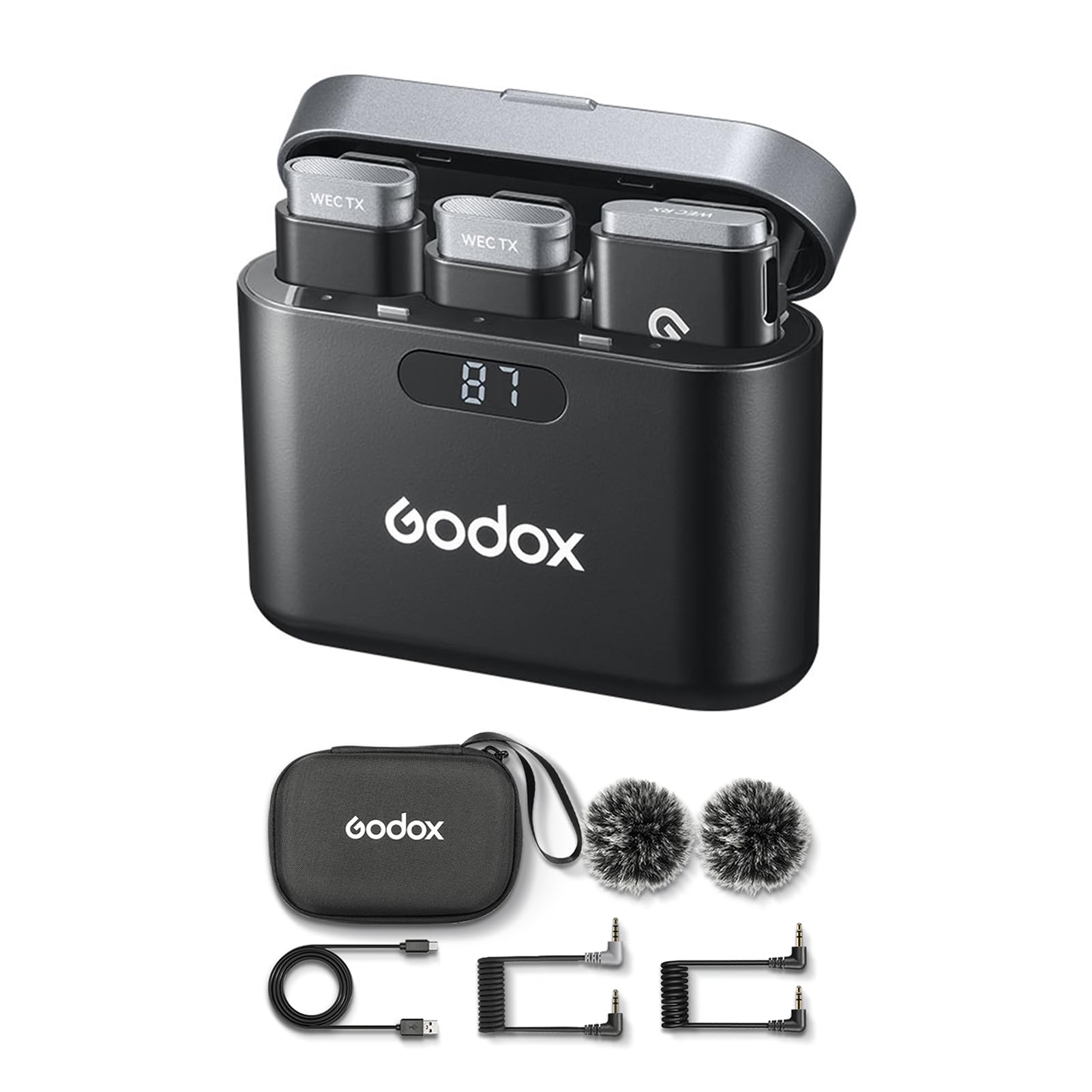 GODOX WEC Kit2 - Sistema de micrófono inalámbrico de 2.4 G, cancelación de ruido, transmisión de 200 m, batería integrada con funda de carga para smartphone, cámara réflex digital, portátil de 3,5 mm