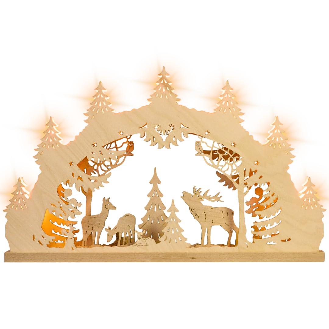 WEIGLA - Schwibbogen original Erzgebirge I Lichterbogen Weihnachten I Motiv Hirschfamilie I 7 Lampenkerzen + 1 Ersatzlampe I 7 x 34 V, 3 W, E10 I beleuchtete Weihnachtsdeko innen
