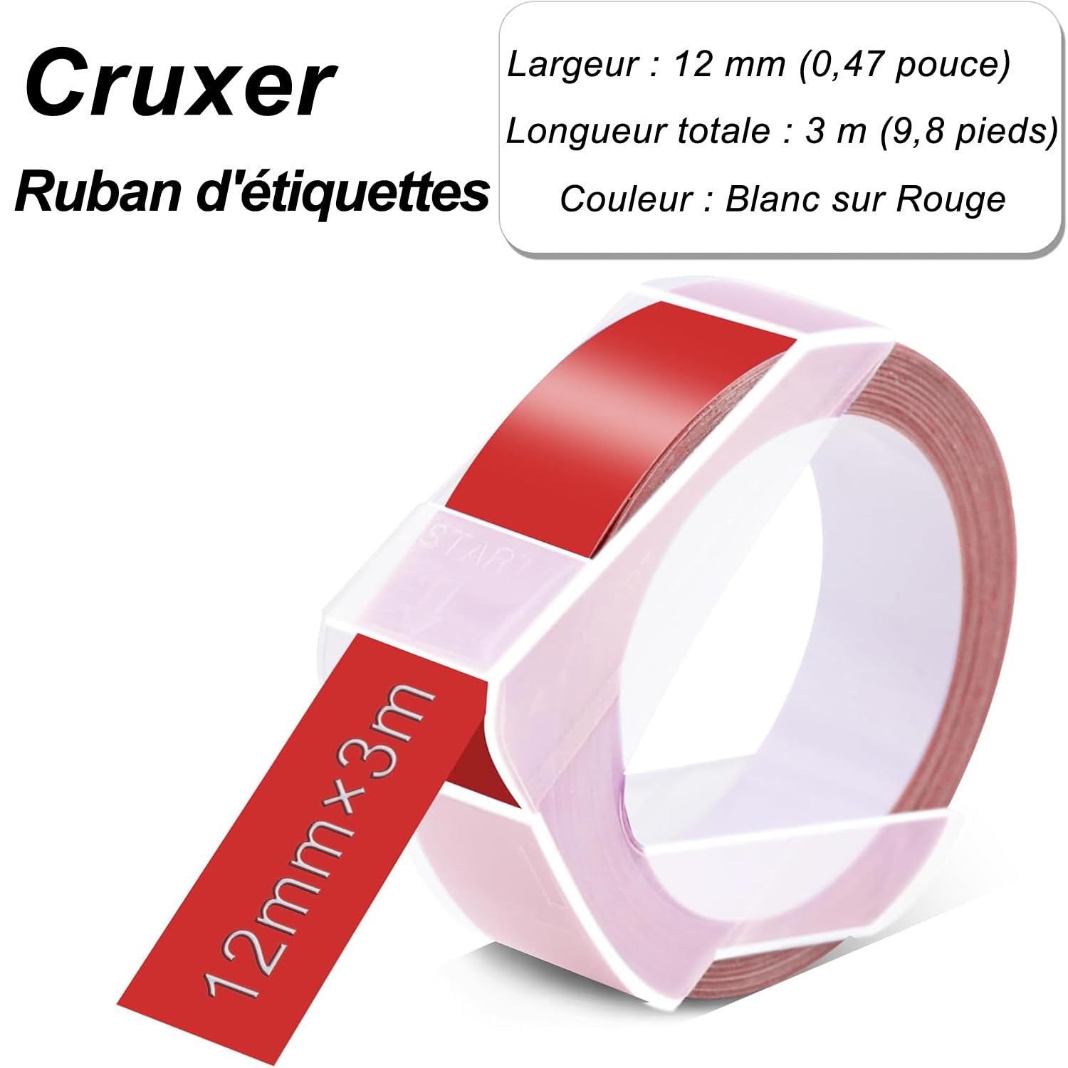 Cruxer Lot de 40 S0898152 Blanc sur Rouge 12mm pour Dymo Ruban de Gaufrage