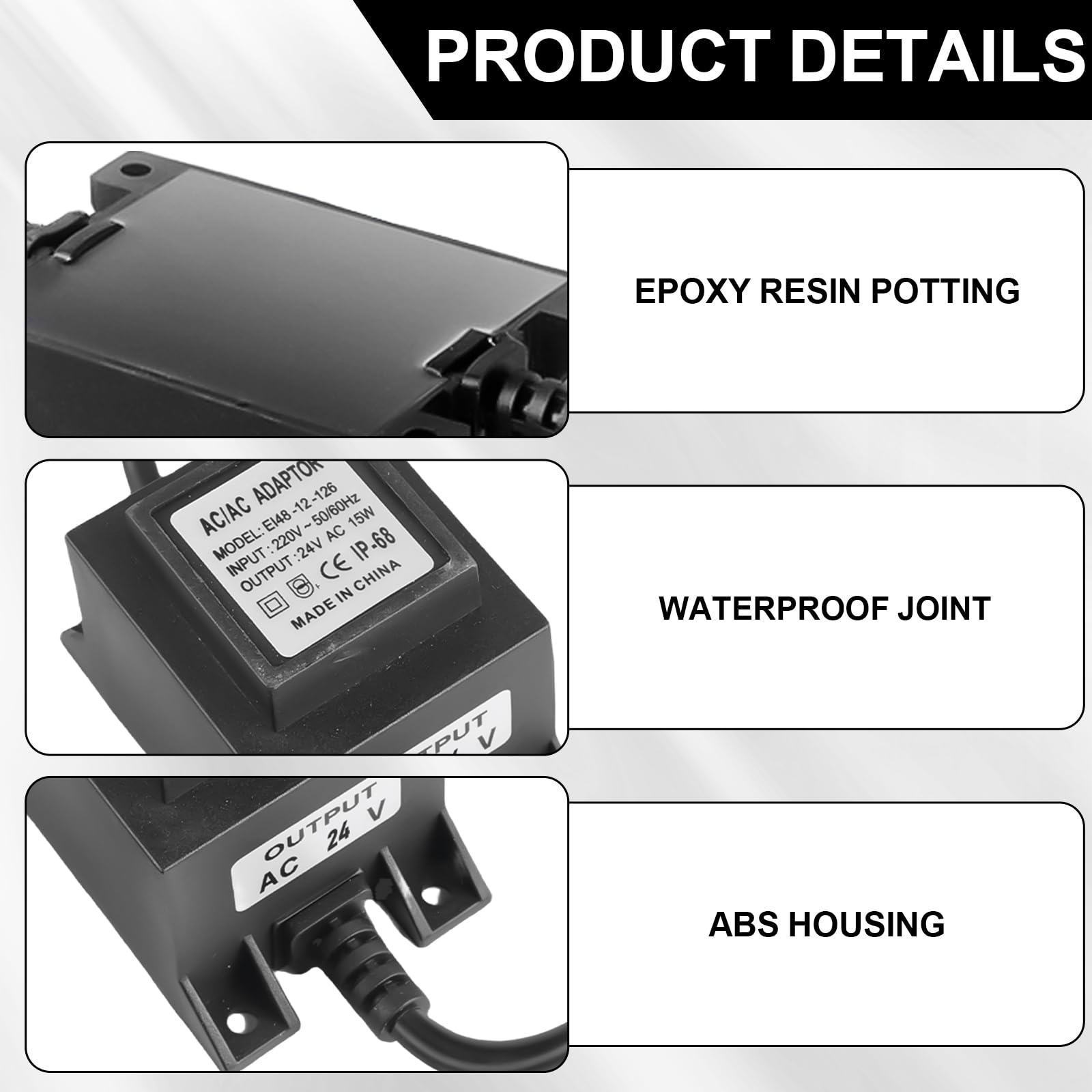 Transformador LED 24V, AC/AC 15W Adaptador LED Transfo, Exterior Impermeable Fuente de alimentación LED Driver Impermeable IP68, Transformador Adaptador para Iluminación Exterior y Bombas de Cuenca