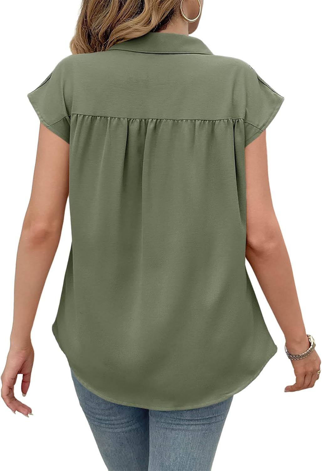 Yousify Womens Dressy Casual Tops Business Work Blouses Button Down Shirts Cap Sleeve V Neck Tshirt - Image 6