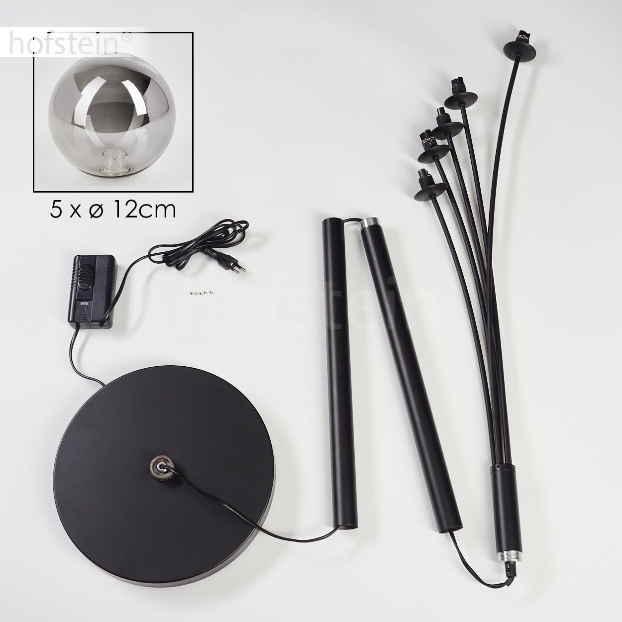 Stehleuchte Bernado, dimmbare Stehlampe aus Metall/Glas in Schwarz/Rauchfarben, Standleuchte mit Glaskugeln (Ø 12 cm), Höhe 174,5 cm, stufenlos dimmbar über Fußschalter, 5 x G9, ohne Leuchtmittel