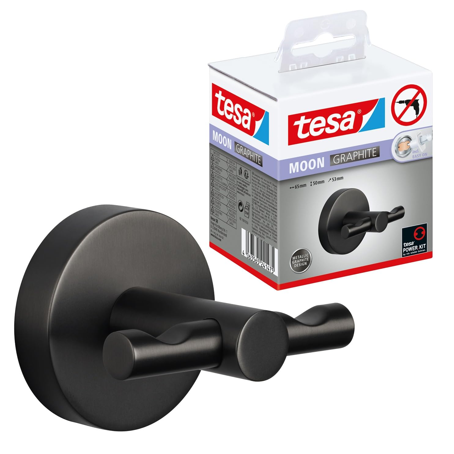 tesa® MOON Gancio per accappatoio in grafite spazzolata - Gancio autoadesivo in metallo rivestito in PVD - non richiede foratura, soluzione adesiva inclusa - 50 mm x 65 mm x 53 mm