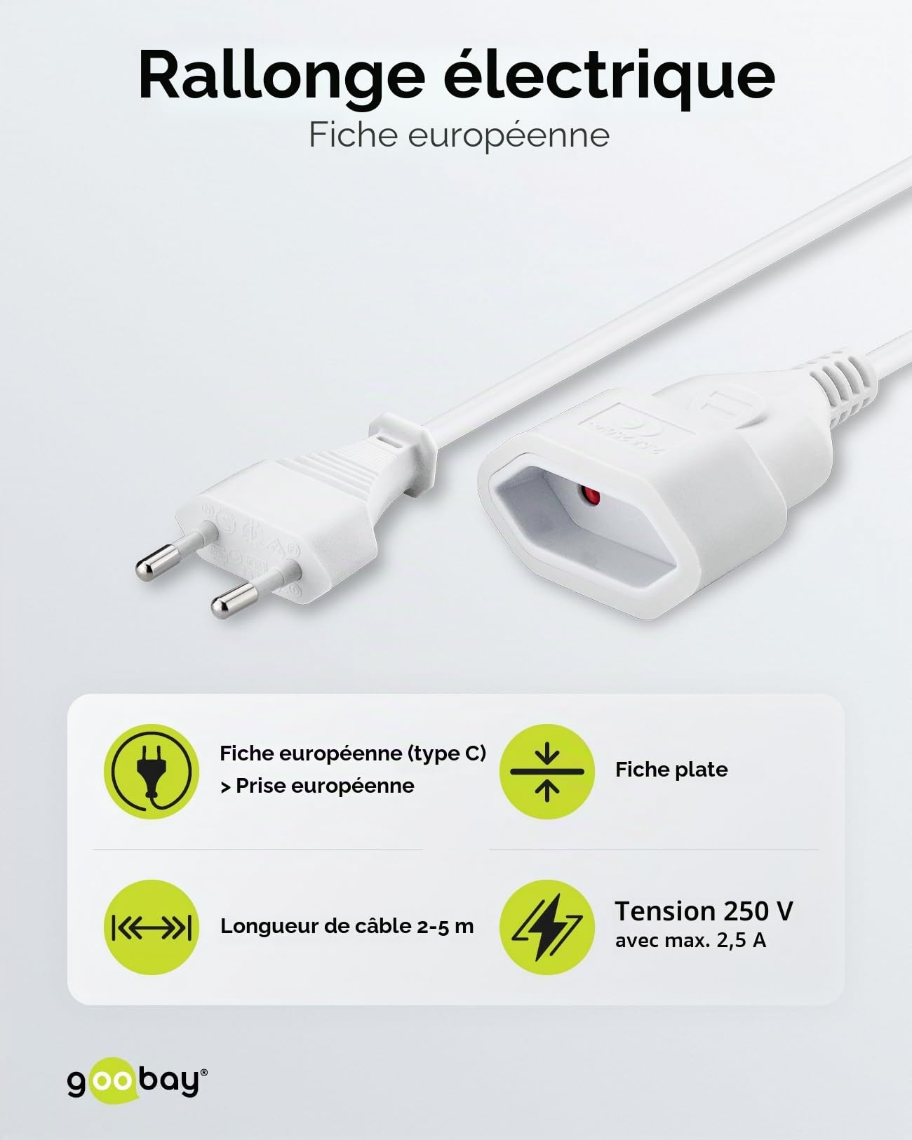 Goobay Câble d'alimentation Rallonge 2m 250V 0.75 mm² Blanc