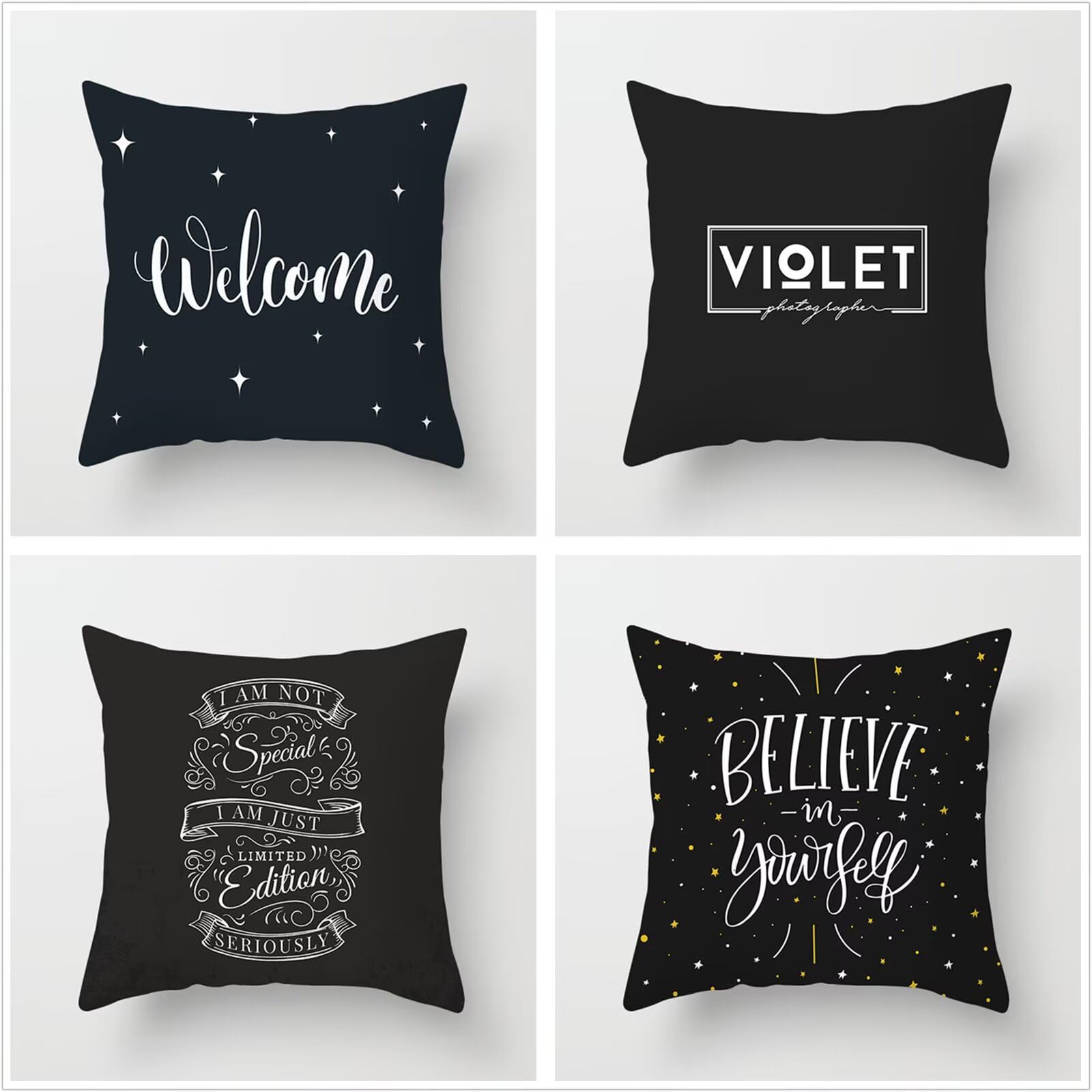 Juego de 4 Impermeable Funda de Cojín Estrella de letra blanca,55x55cm Moderno Suave Transpirables Lino Fundas de Almohada Cojines Decorativos con Cremallera Oculta para Exterior Sofá Cama Coche Hogar