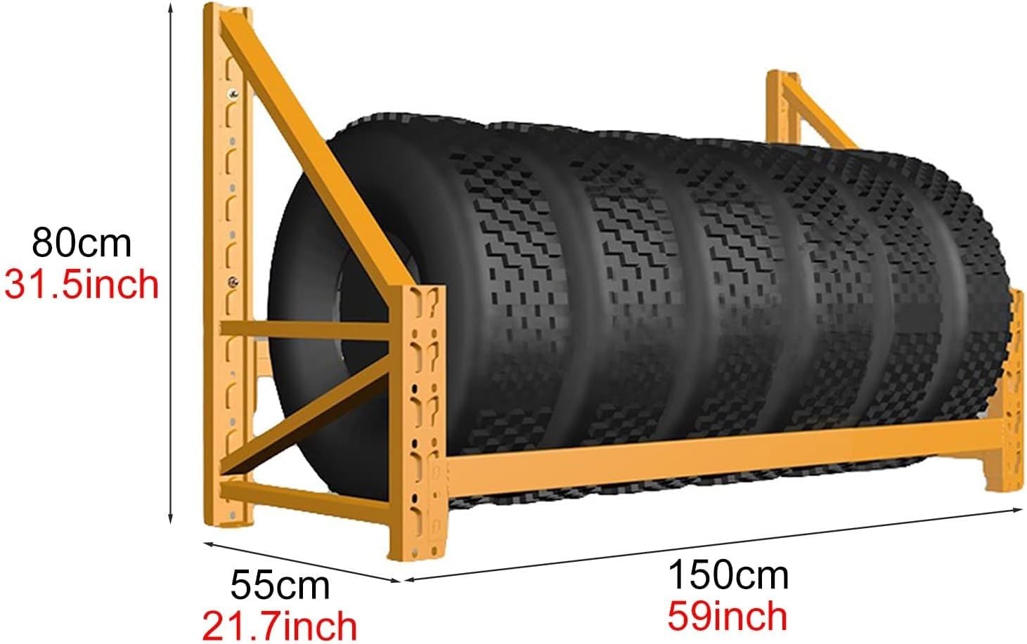 Reifenregal Für Garage, Robustes, Gelbes Metall-Reifenregal Zur Wandmontage, Mehrfach-Reifenregal, Für Ausstellungshalle/Werkstatt/Reparaturwerkstatt, Einfache Montage, L, 150 X 55 Cm (59 X 21,7 Zoll
