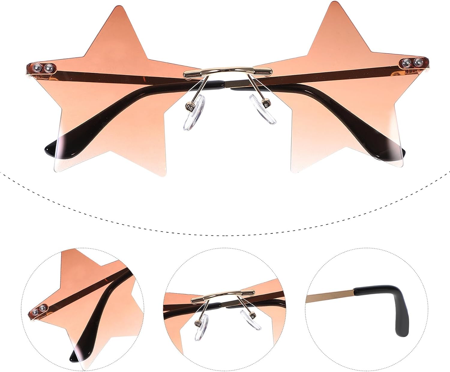 Rimless Funny Sunglasses for Adults, Gold Frame Gradient Brown Lens Party Glasses, 90s Style Eyewear for Halloween and Christmas Events