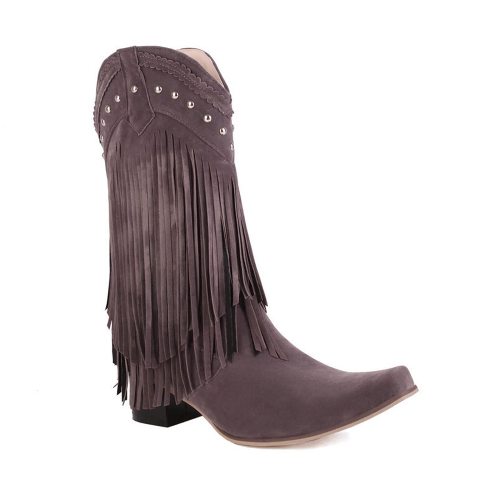 VULTRO Womens Mid Calf Cowboy Boots with Tassel and Studded Square Toe Block Heel Retro Ankle Booties