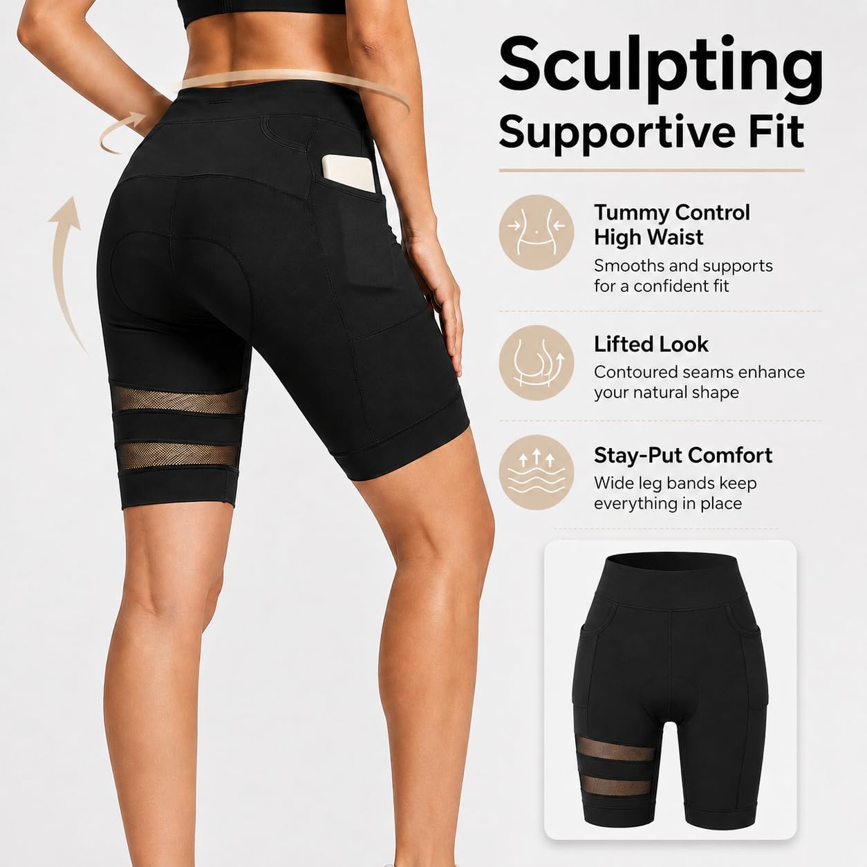 Cuissard Femme Court Rembourré, Stretch Sport avec Poches