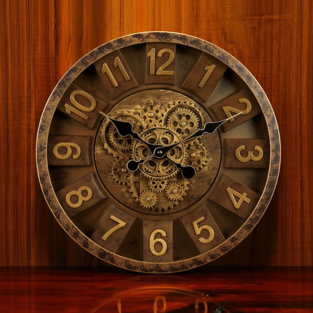 Ash & Roh® Vintage Design Round Wall Clock with Classic Number Dial, Decorative Open Gear Look, Silent Quartz Movement, Elegant Clock for Living Room,Office, Home Decor & Gifting (BROWN-16 INCH)-image-18