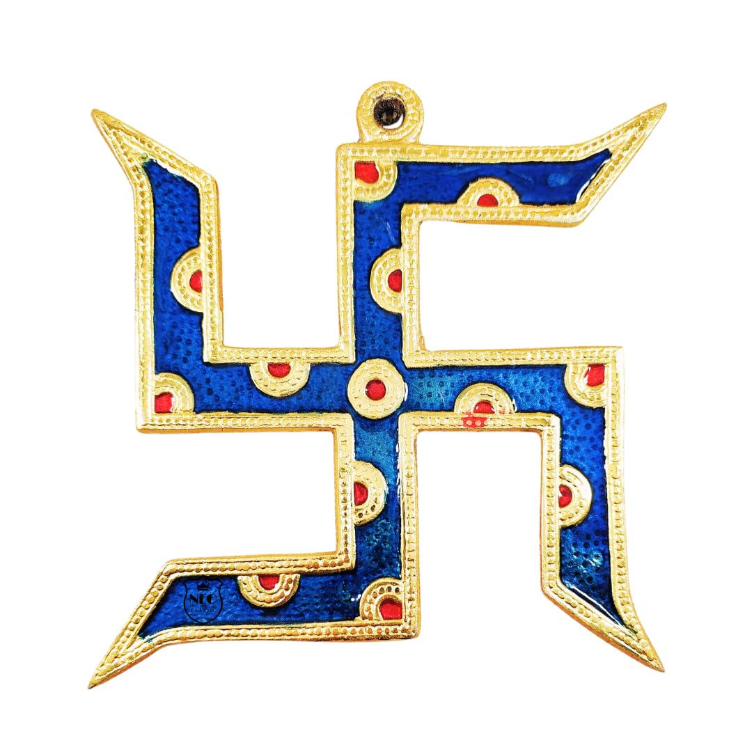 NEO CLASSIC Blue Swastik Wall Hanging 7 Inch | Evil Eye Inspired Color Decorative Symbol | Metal Auspicious Wall Decor for Home Entrance, Pooja Room & Office (Swastik Meena Blue 7inch)-image-2