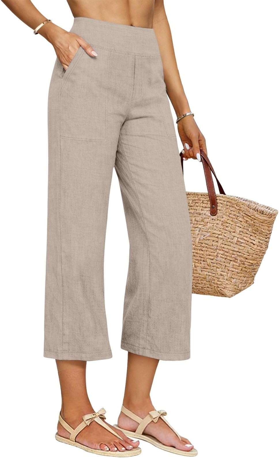 Linen Capri Pants for Women 2026 Summer Plus Size Elastic High Waist Wide Leg Capris Casual Loose Beach Cropped Trousers