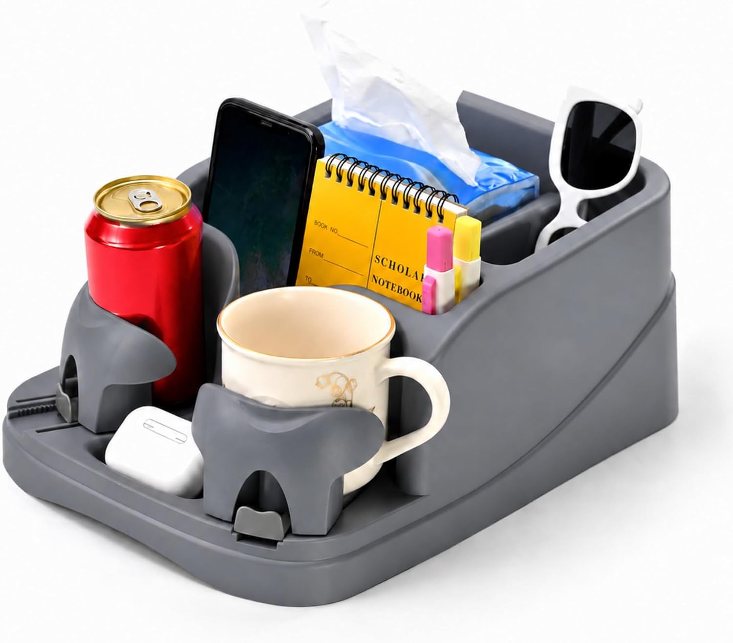 Large Car Console Organizer with Adjustable Cup Holders, Grey