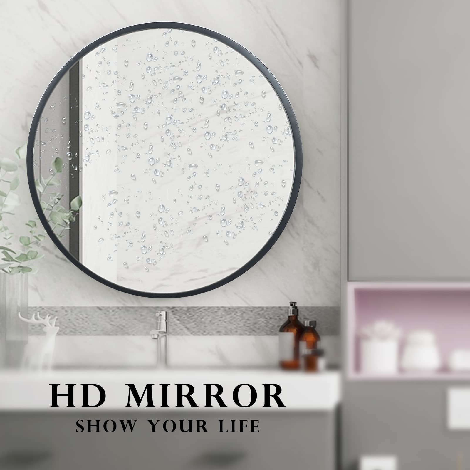 SDK Round Bathroom Mirror Cabinet, Bathroom Wall Storage Cabinet Mirror Medicine Cabinet with Slow-Close Wooden Frame 3 Level (Color : Black, Size : 50CM)