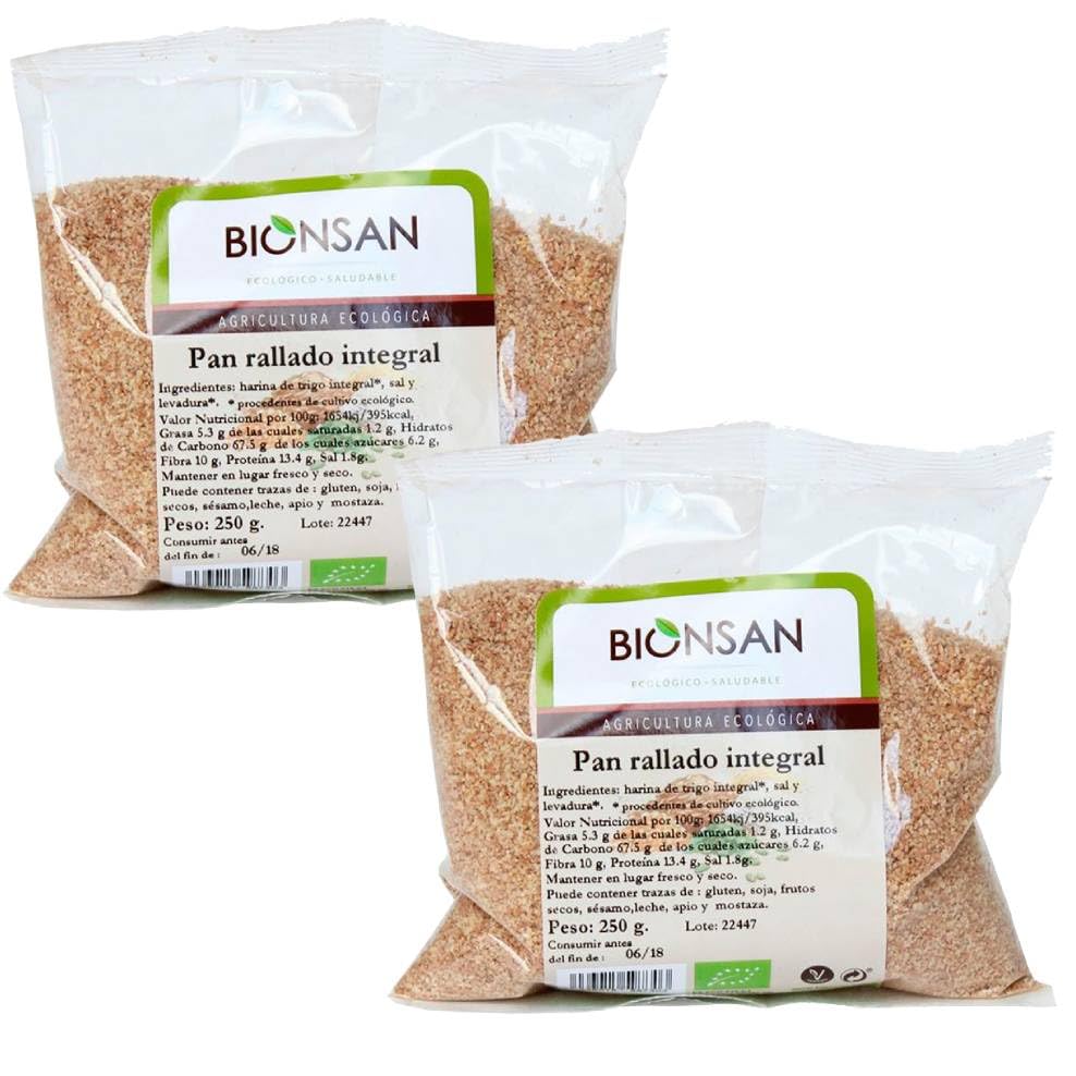 Pack 2 Pan Rallado Integral Bion san Bio 250 g, pan rallado ecológico integral para rebozados, gratinados y espesar salsas, purés o cremas, formato ahorro 500 g totales.