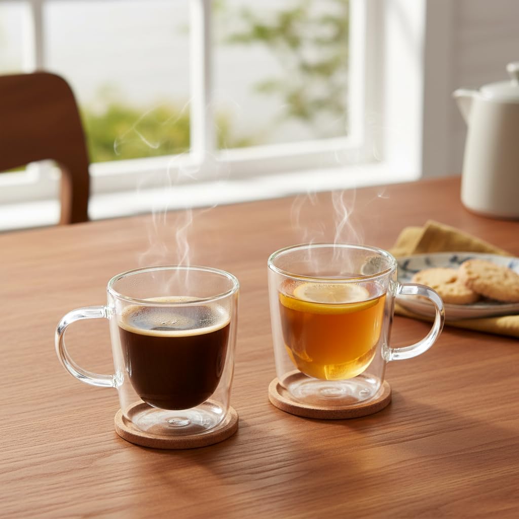 Deconox 2'li Çift Cidarlı Kulplu Cam Fincan Seti - 100 ml Isıya Dayanıklı Espresso ve Türk Kahvesi Bardağı - El Yakmayan Modern Tasarım (2 Adet)