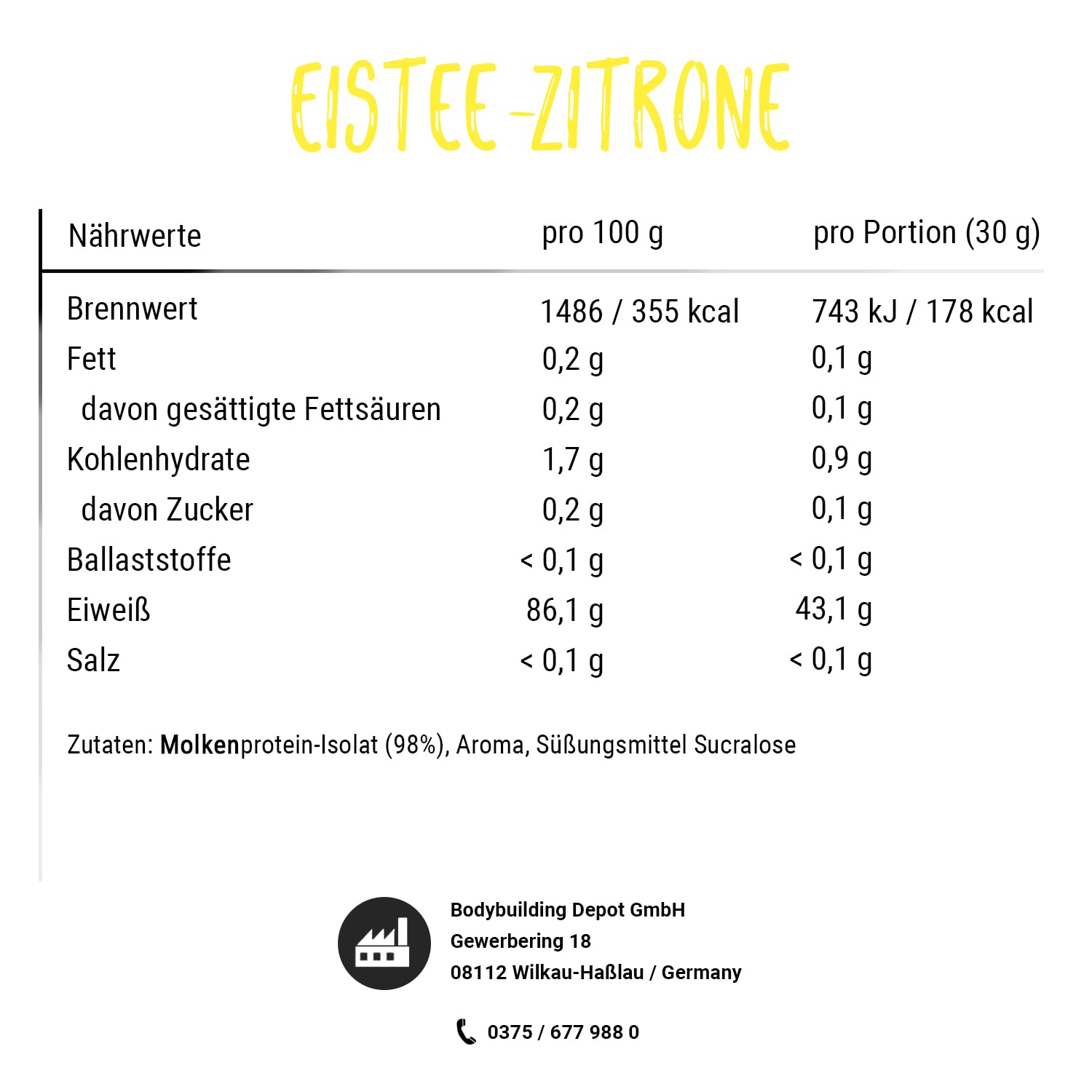 Bodybuilding Depot® - WPG-85 Clear Whey Protein Pulver 1kg, Eistee Zitrone, Speziell zum Mixen in Wasser, Perfekte Löslichkeit, Hoher BCAA und EAA Anteil