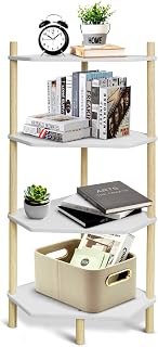 Corner Shelf, 4 Tiers, Corner Rack, Wooden, Lightweight, Storage Gap, Width 11.8 x Depth 11.8 x Height 39.4 inches 30 x 30 x 100 cm, Multi-Purpose, Open Rack, Easy Assembly, White 4 Tiers