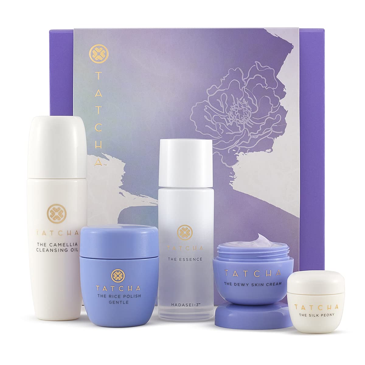 Tatcha The Starter Ritual Set - Ultra Hydrating for Dry Skin: Includes Pure One Step Camellia Cleansing Oil, The Rice Polish: Gentle, The Essence, The Dewy Skin Cream & The Silk Peony : Beauty & Personal Care