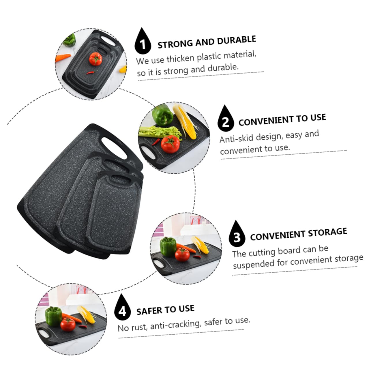 Tagliere Antiscivolo da Cucina Nero 3 Pezzi in Plastica Spesso
