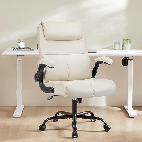 OLIXIS Ergonomic Executive Office Chair Mid Back with 360° Swivel Wheels, Computer Desk with Lumbar Support, Height Adjustable PU Leather with Flip-up Armrest, Beige White