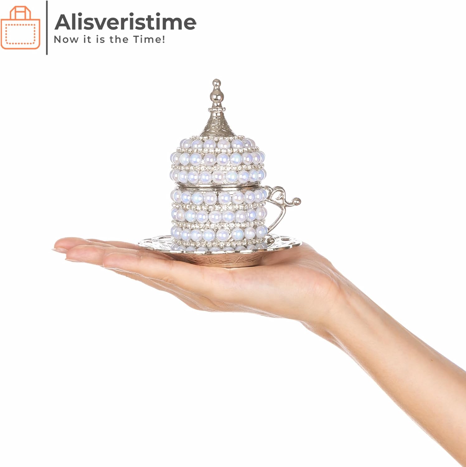 Alisveristime Turkish Coffee Cup Set - Authentic Turkish Greek Arabic Coffee Espresso Cup with Saucer (Enhance Your Coffee Experience Now!) (1 Pc) (Pearl Bead Design) (Silver)