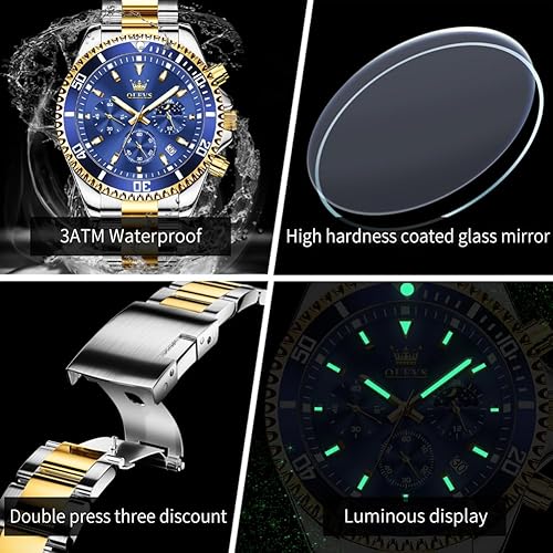 Miniatura 5 de OLEVS Relojes impermeables para hombre, de acero inoxidable, con cronógrafo, de lujo, color blanco, luminoso, de gran cara, analógico, de cuarzo,