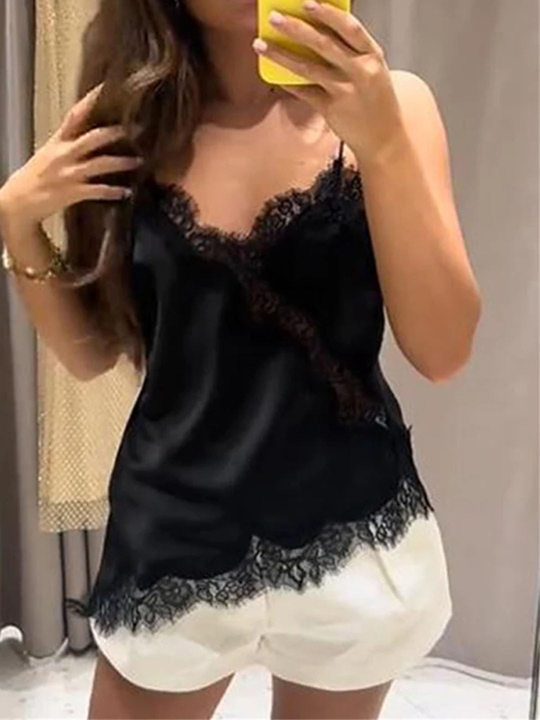 Women’S Casual Solid Lace Spaghetti Strap Top With Patchwork Irregular Hole Decoration