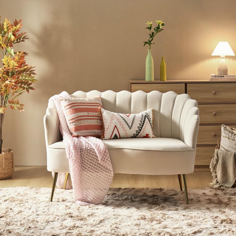 House Velvet Loveseat with Flared Arms | Channel Tufted Comfy 2-Seater Sofa with Gold Metal Legs | Elegant Barrel-Curved Sofa Chair for Living Room, Bedroom, Office (Cream)-image-14