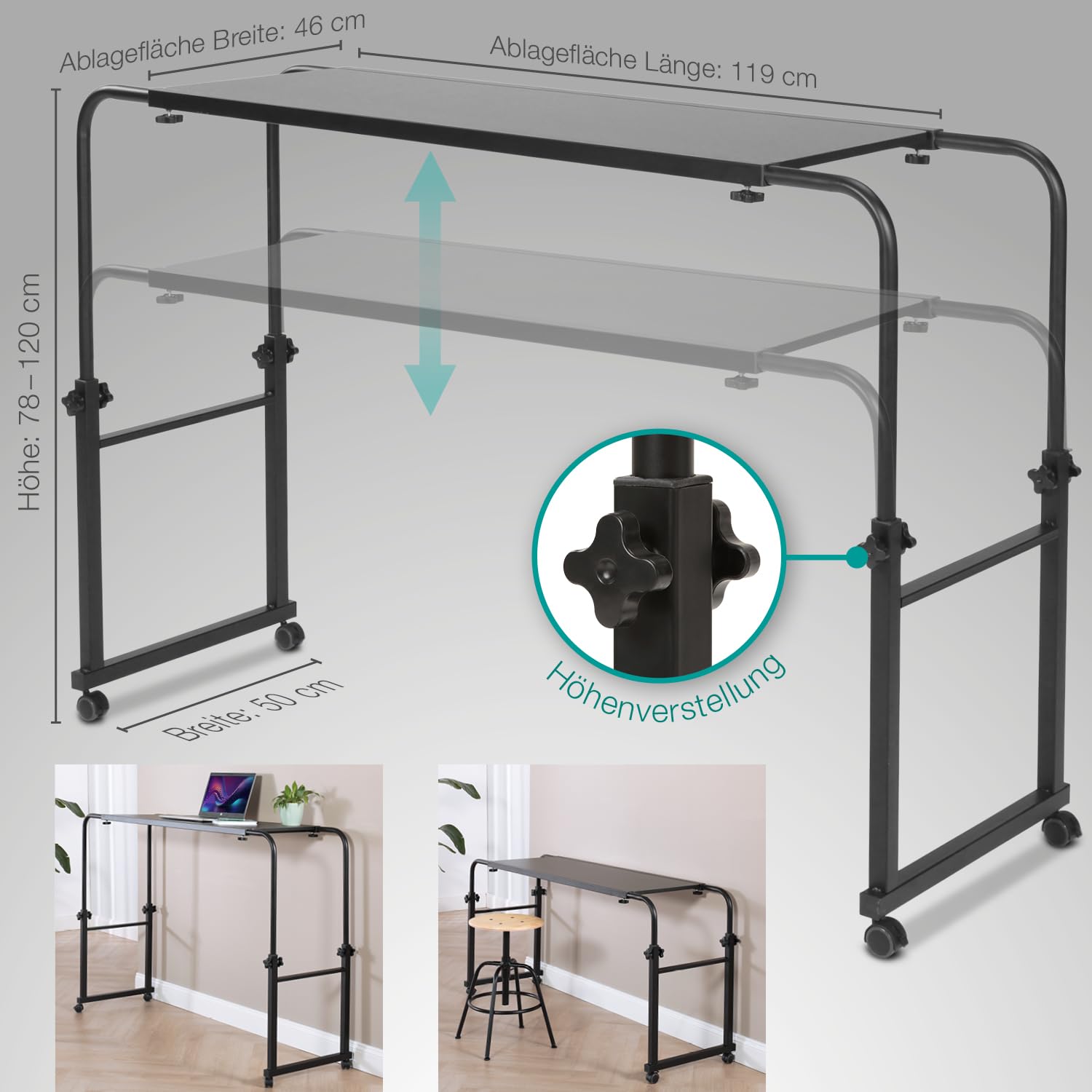 ELONEO Über-Betttisch auf Rollen höhenverstellbar/breitenverstellbar, Overbed Table, Mobiler Schreibtisch, Pflegetisch, Laptoptisch, Bettbeistelltisch, Breite 119-190 cm & Höhe 78-120 cm