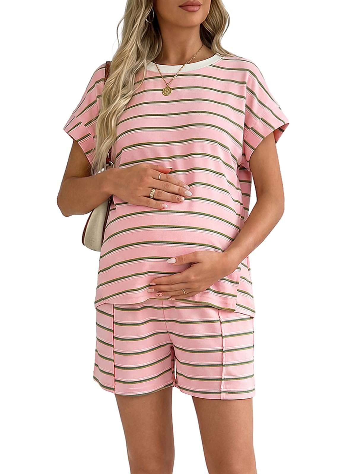 BLENCOT Womens Maternity Two Piece Lounge Set Textured Striped Tee Top and Shorts Pregnancy Summer Outfits