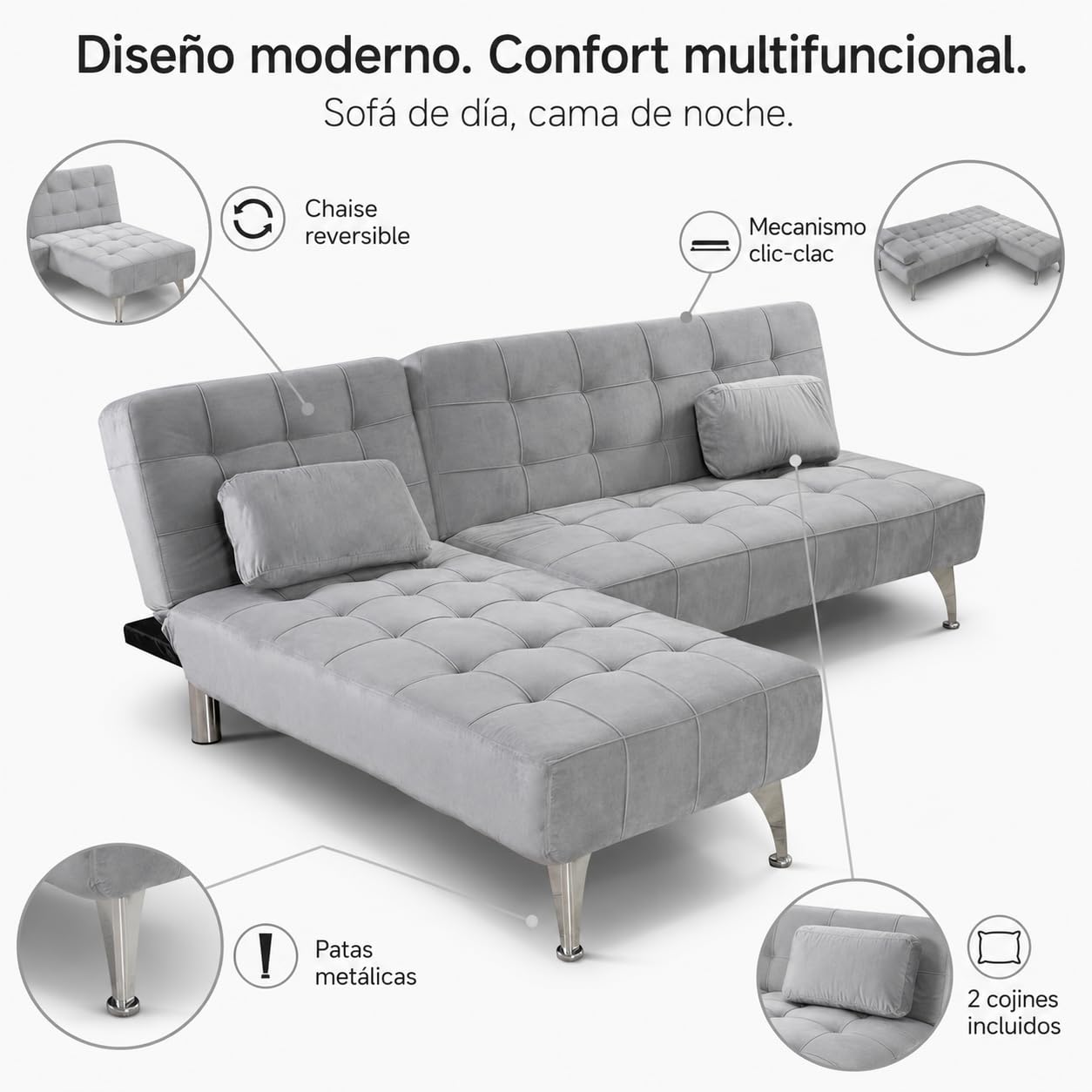 Sofá Cama AROA-XS - Multifuncional, Chaise Longue Reversible XS, 198x146cm - Compacto y Cómodo con Diseño Multifuncional (Gris Terciopelo)
