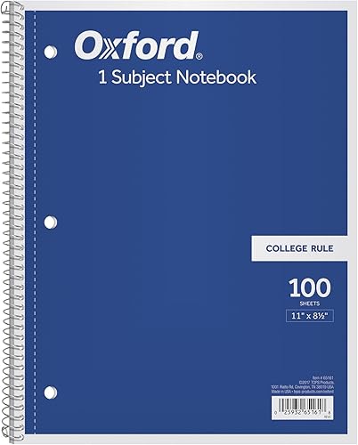 Miniatura 1 de Oxford Cuadernos de 1 materia, espiral, 8 x 11, regla universitaria, el surtido de colores puede variar, 100 hojas, 1 cuaderno (65161)