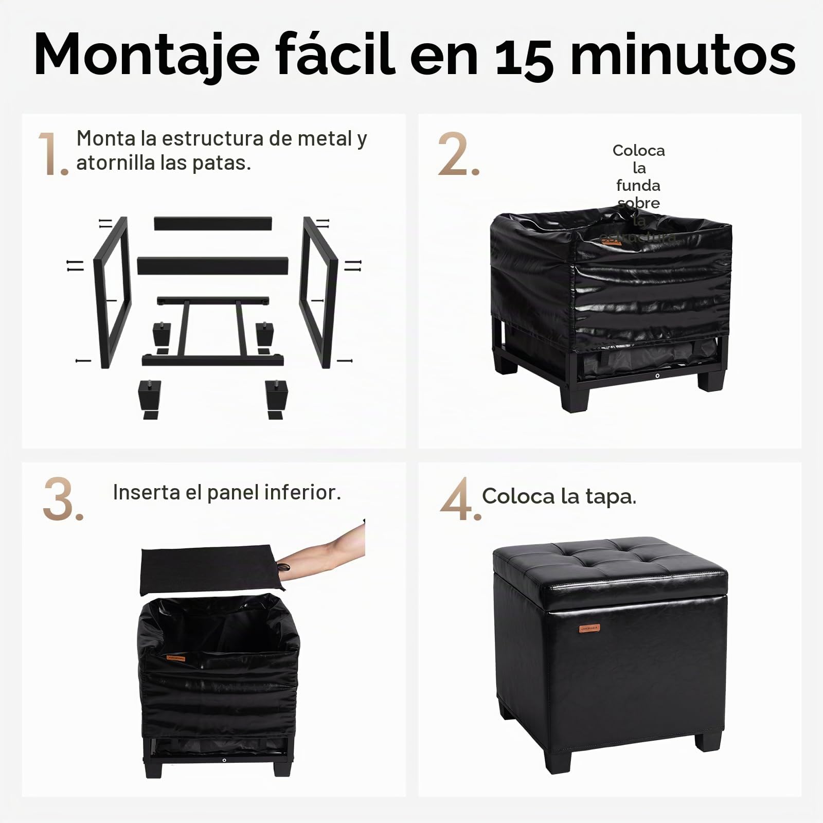 ABHENG Puff Cuadrado Taburete almacenaje Estructura de Acero con Revestimiento de Cuero sintético,Soporta 350 kg,48 litros de Capacidad,Reposapiés con Tapa y Extraíble Patas Negro ASND63B