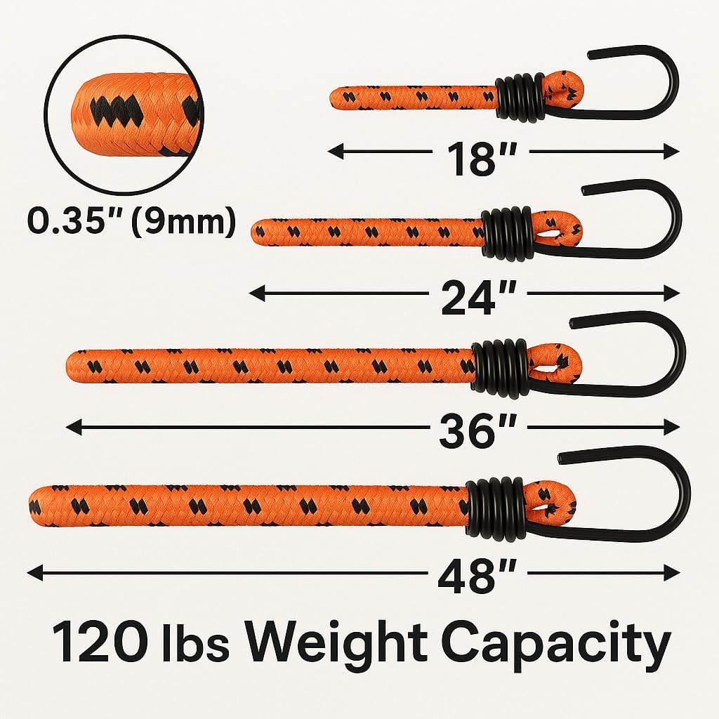 RK Prime 4-Pack Rubber Bungee Cords – 2×30" & 2×36" – Heavy-Duty, Weather-Resistant, Vinyl-Coated Steel Hooks – Ideal for Camping, DIY, and Outdoor Storage