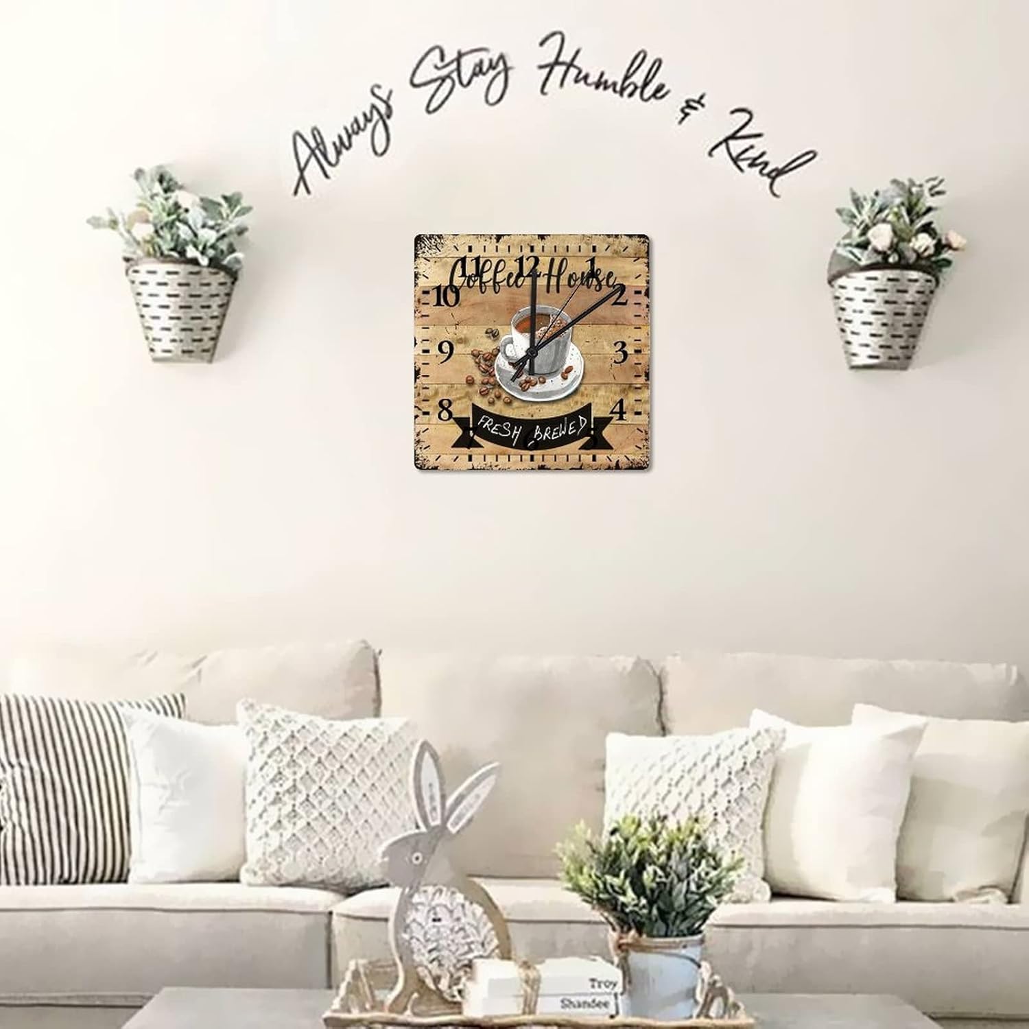 Clock Wood Coffee House Modern Clock Quartz Analog Quiet Arabic Numbers Latte Coffee Square Clock for Kids Room and Kitchen 10 Inch