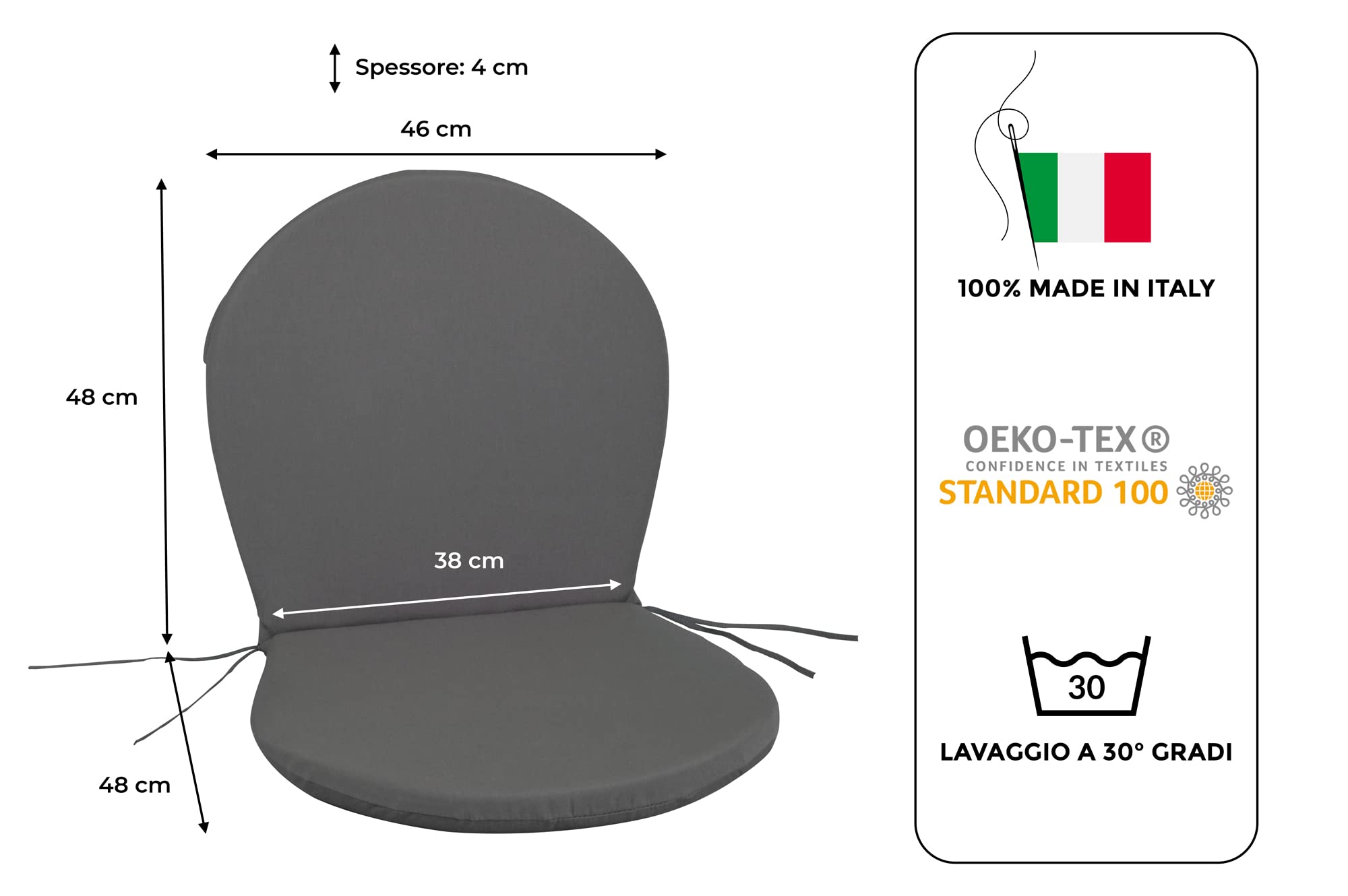 Cuscini da Esterno per Sedia Ronda emu, Set di 2, Grigio Antracite, Tessuto Acrilico Dralon, 96x46 cm, Made in Italy